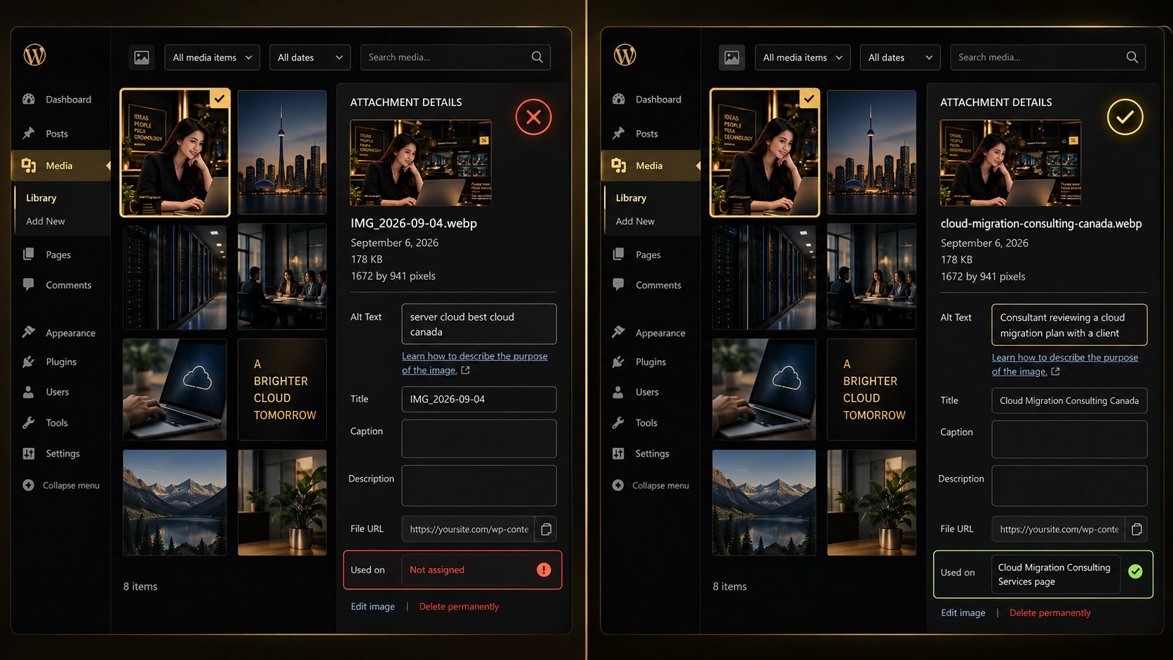 AI image search optimization example showing a WordPress media library comparison between poor image setup and proper SEO practice using descriptive filenames, accurate alt text, and relevant page placement.