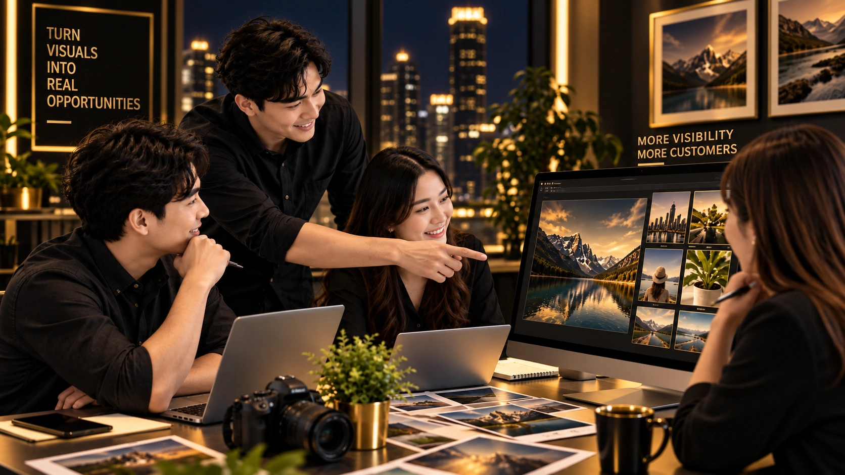 AI image search strategy with a marketing team reviewing website visuals and image content to improve search visibility, SEO performance, and user experience.