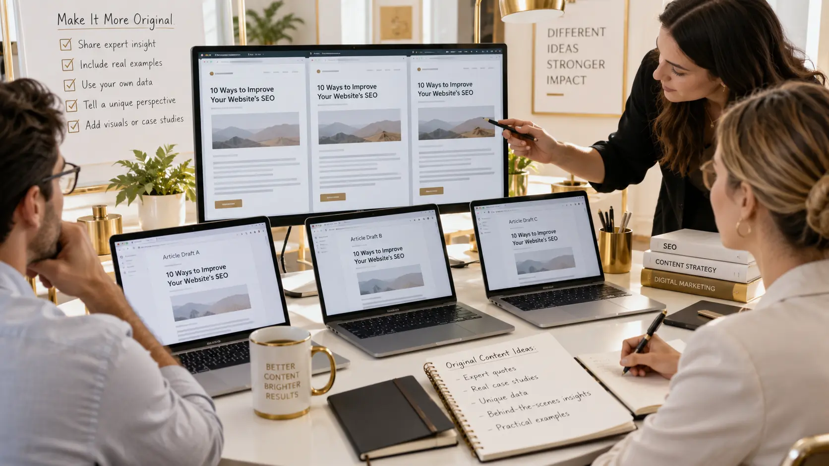 Content team comparing similar SEO articles and planning original insights, real examples, and unique content to stand out in AI search results.
