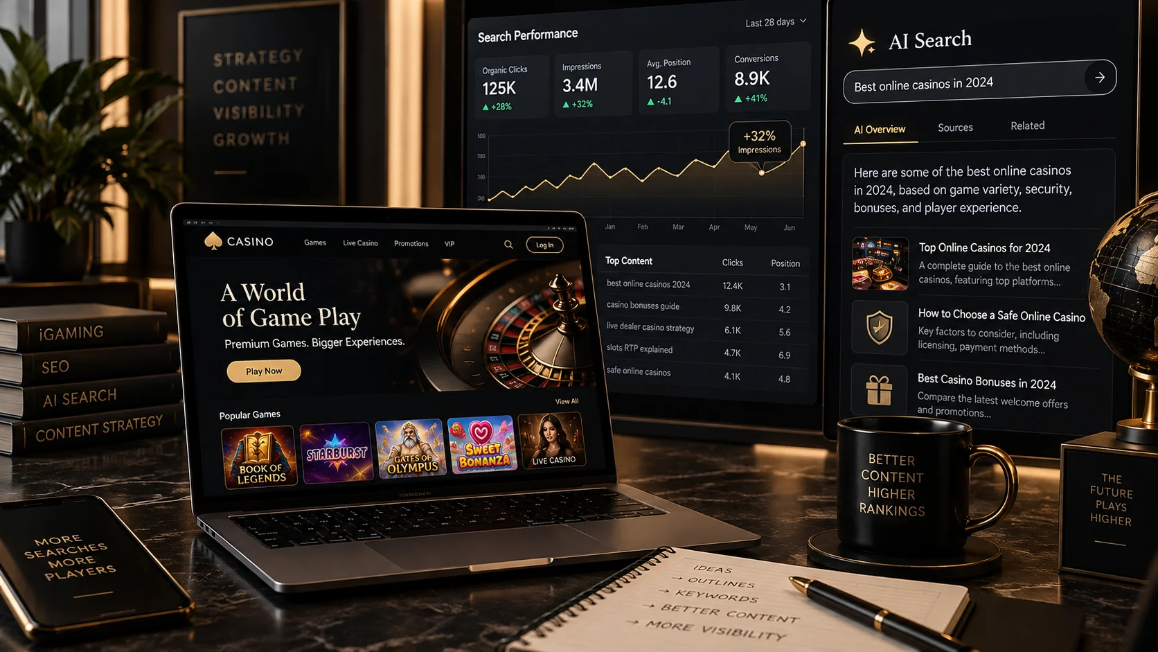 iGaming SEO content connecting casino pages with search and AI visibility