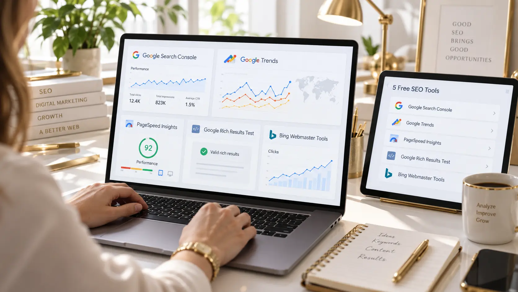 Free SEO tools including Google Search Console, Google Trends, PageSpeed Insights, Rich Results Test, and Bing Webmaster Tools.