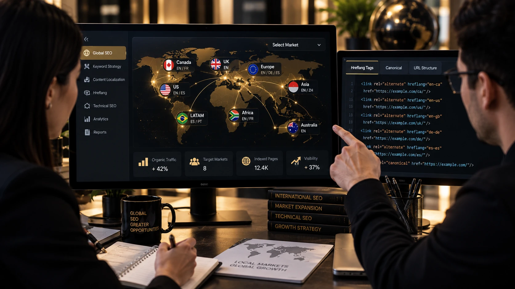 Technical SEO for iGaming websites showing two specialists reviewing international targeting, hreflang, localized URLs, and global market structure.