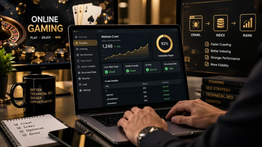Technical SEO for iGaming websites showing website crawlability, indexation, site structure, and search performance analysis.