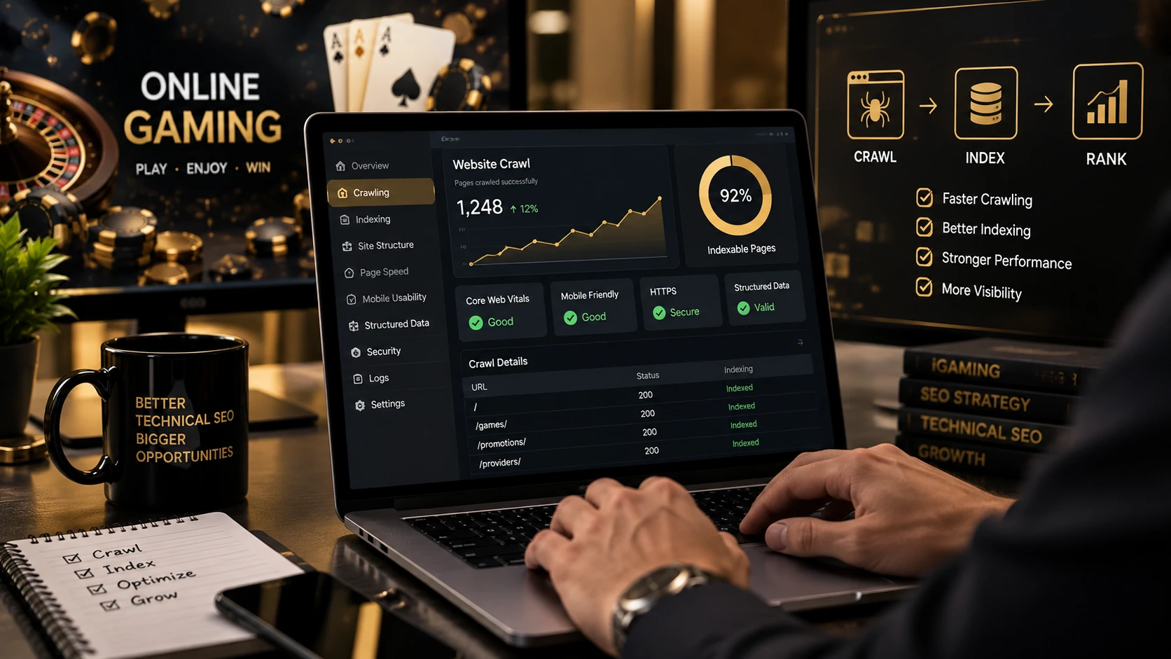 Technical SEO for iGaming websites showing website crawlability, indexation, site structure, and search performance analysis.
